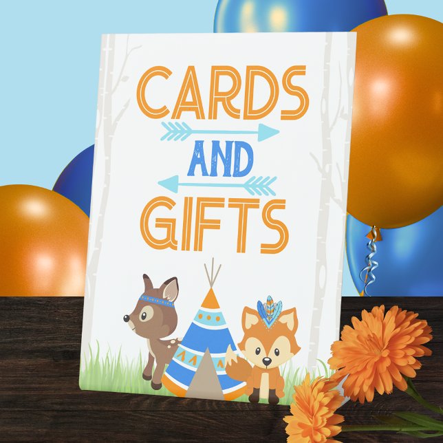 Woodland Tribal Animal Cards and Gifts Table Pedestal Sign (Tribal Woodland Forest Animal Cards and Gifts Pedestal Sign. Featuring a Fox, Deer and Teepee)