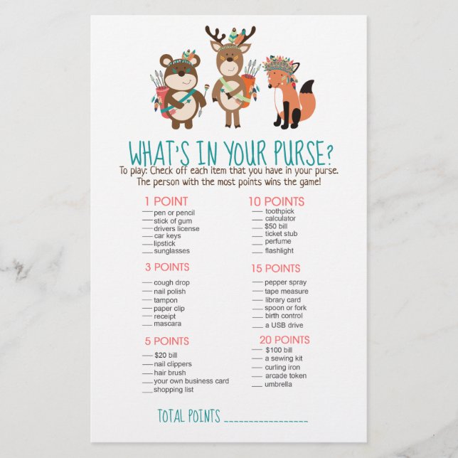 Woodland Tribal Boho What's in Your Purse Game (Front)