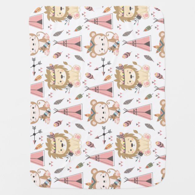 Woodland Tribal Native Americans Seamless Pattern Baby Blanket (Front)
