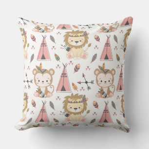 Woodland Tribal Native Americans Seamless Pattern Throw Pillow