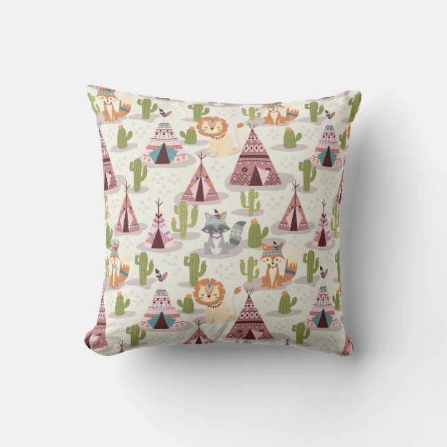 Woodland Tribal Native Americans Seamless Pattern Throw Pillow (Front)