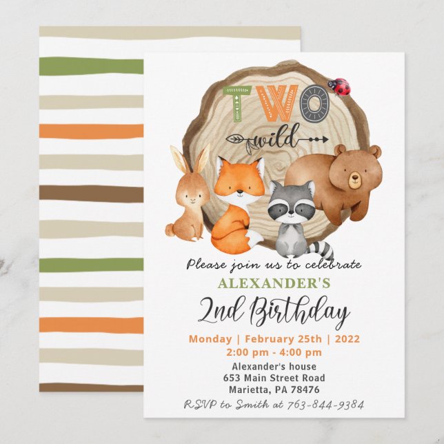 Woodland Two Wild Bear Fox Raccoon 2nd Birthday In Invitation (Front/Back)