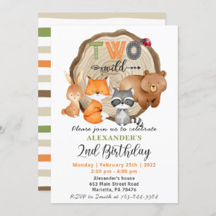 Woodland Two Wild Bear Fox Raccoon 2nd Birthday In Invitation