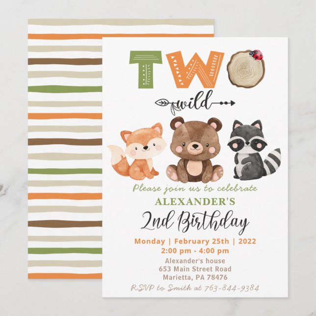 Woodland Two Wild Bear Fox Raccoon 2nd Birthday Invitation (Front/Back)