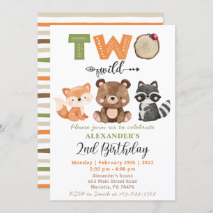 Woodland Two Wild Bear Fox Raccoon 2nd Birthday Invitation