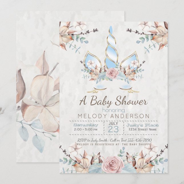 Woodland Unicorn Baby Shower Blue Invitation (Front/Back)