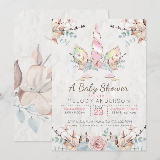 Woodland Unicorn Baby Shower Pink Invitation (Front/Back)