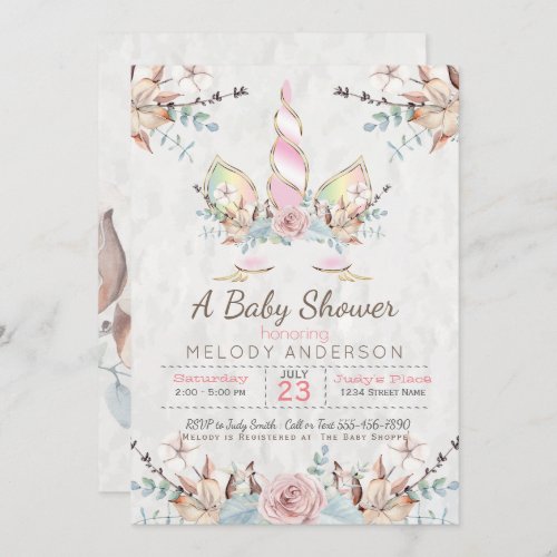 Woodland Unicorn Baby Shower Pink Invitation