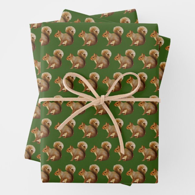 Woodland Vibes Squirrel Wrapping Paper Sheets (In situ)