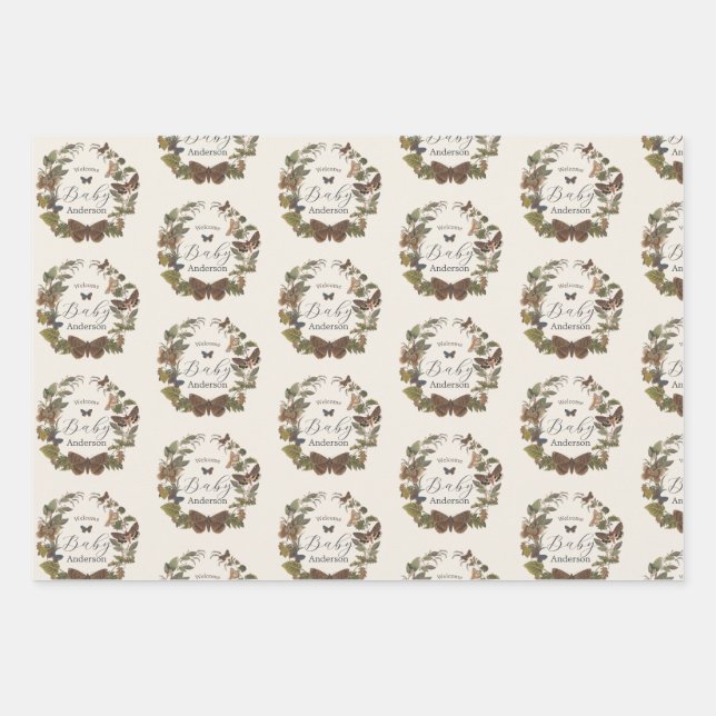 Woodland Vintage Botanical Baby Shower Wrapping Paper Sheets (Front 2)