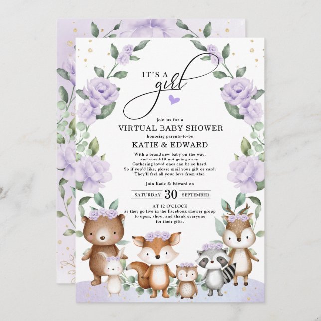 Woodland Virtual Baby Shower Purple Floral Animals Invitation (Front/Back)