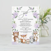 Woodland Virtual Baby Shower Purple Floral Animals Invitation (Standing Front)
