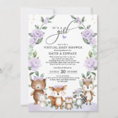 Woodland Virtual Baby Shower Purple Floral Animals Invitation (Front)