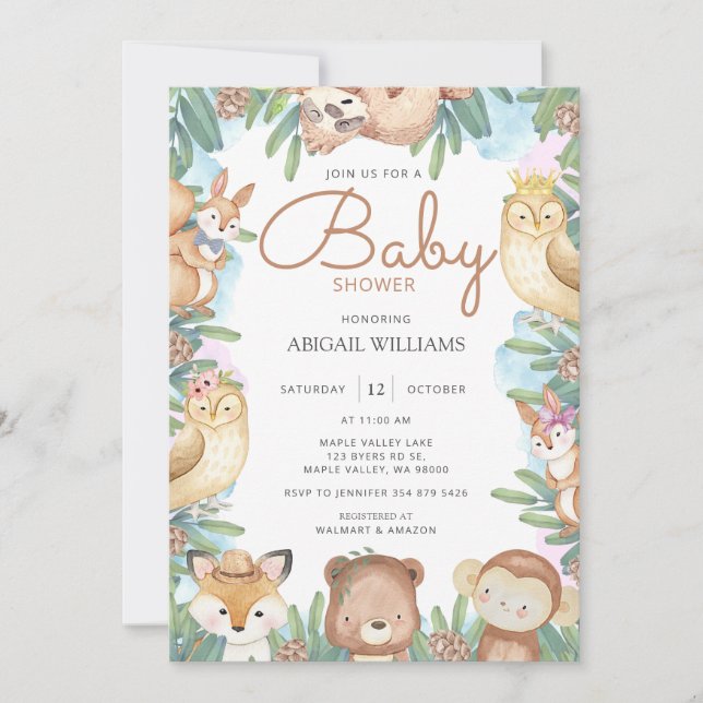 Woodland Watercolor Animals Baby Shower Invitation (Front)