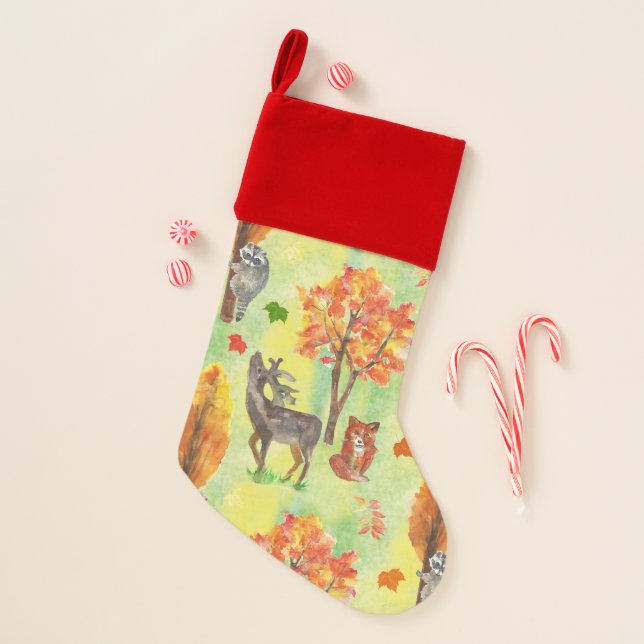 Woodland Watercolor animals Christmas Stocking (Front)