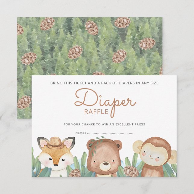 Woodland Watercolor Animals Diaper Raffle Ticket Invitation (Front/Back)