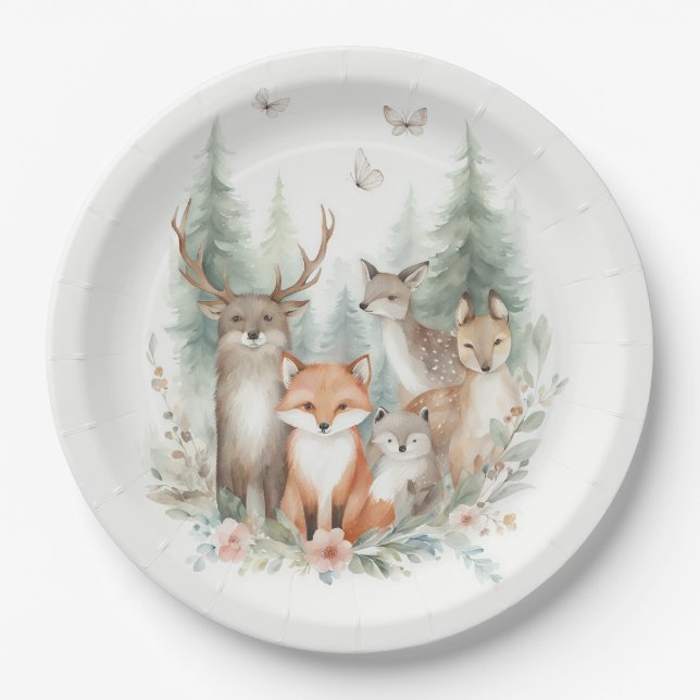 Woodland Watercolor Animals Paper Plates (Front)