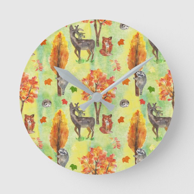 Woodland Watercolor animals Round Clock (Front)