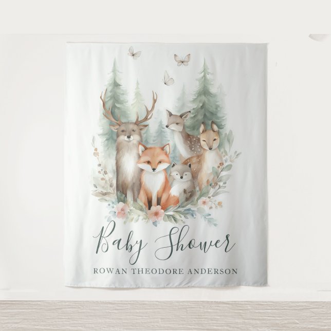 Woodland Watercolor Animals Tapestry (Front)