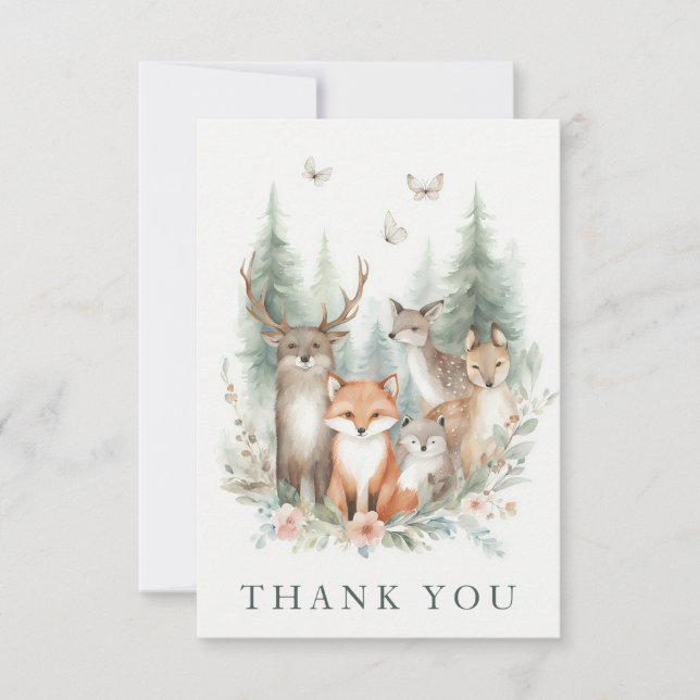 Woodland Watercolor Animals Thank You Card (Front)