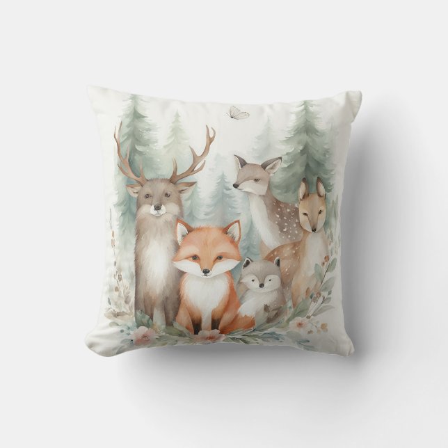 Woodland Watercolor Animals Throw Pillow (Front)