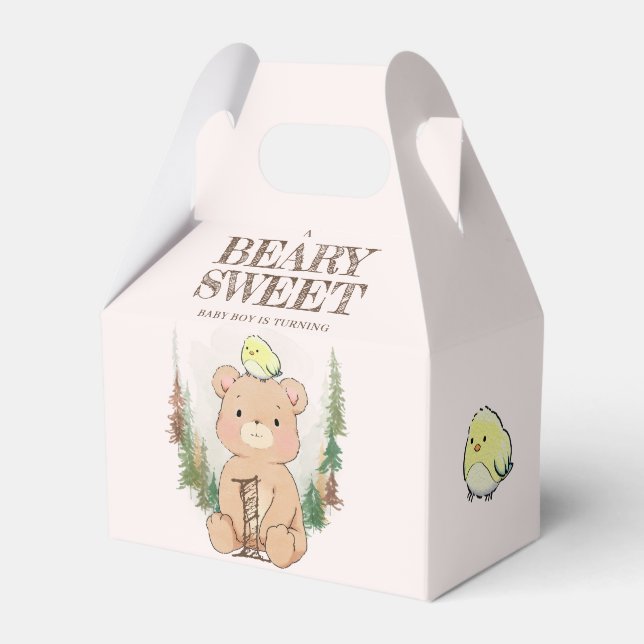 Woodland Watercolor Baby Bear Birthday Favor Boxes (Front Side)