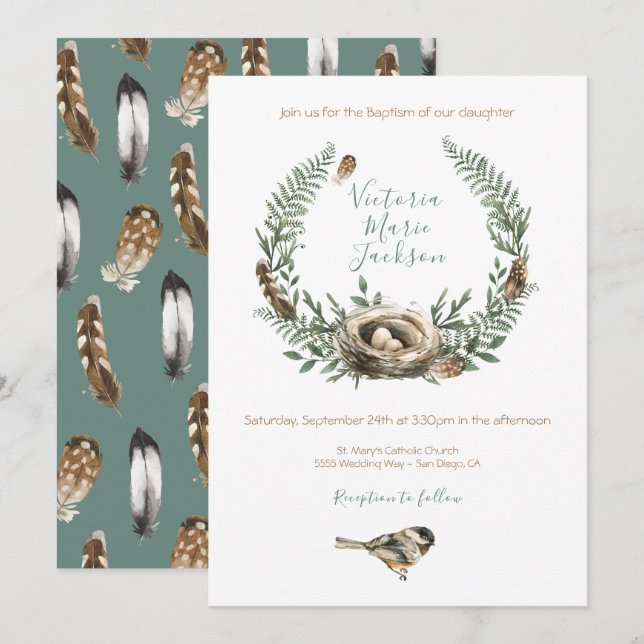 Woodland Watercolor bird's nest feather baptism Invitation (Front/Back)