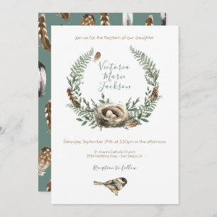 Woodland Watercolor bird's nest feather baptism Invitation
