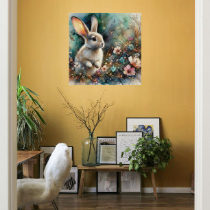 Woodland Watercolor Bunny Pastel Flowers Easter Poster