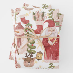 Woodland Watercolor Christmas Santa, Snowman Wrapping Paper Sheets
