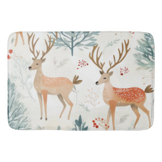 Woodland Watercolor Deer In WinterForest Christmas Bath Mat