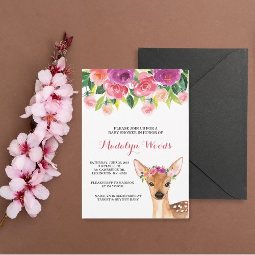Woodland Watercolor Floral Deer Baby Shower Invite