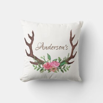 Woodland Watercolor Floral Rose Deer Buck Antlers Throw Pillow by tyraobryant at Zazzle
