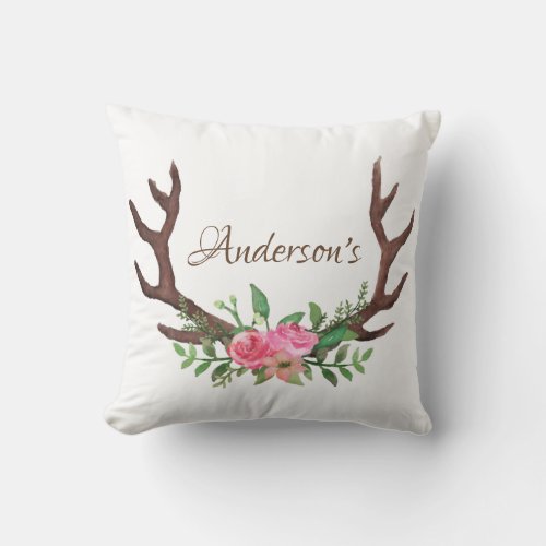 Woodland Watercolor Floral Rose Deer Buck Antlers Throw Pillow