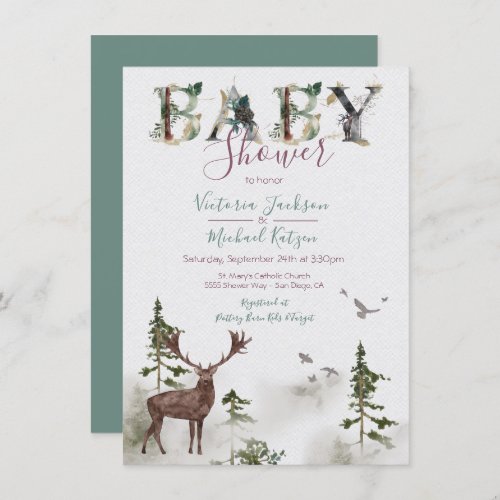 Woodland Watercolor Forest Baby Shower Invitation