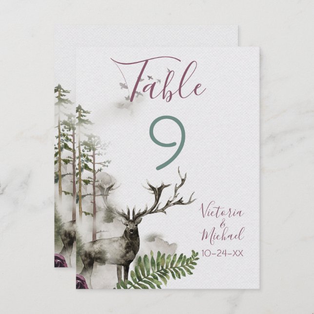 Woodland watercolor Forest Deer Table Number Cards (Front/Back)