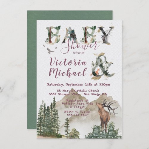 Woodland Watercolor Forest Mountain Baby Shower Invitation