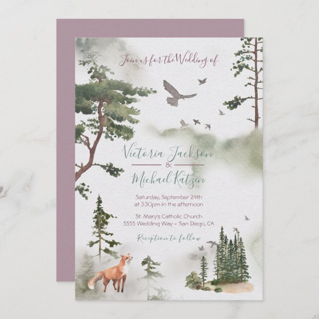Woodland Watercolor Forest Wedding invitations (Front/Back)