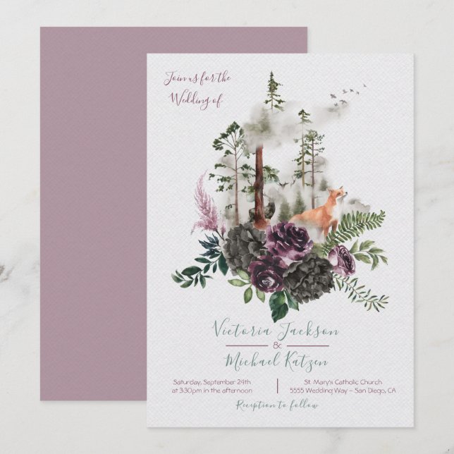 Woodland Watercolor Forest Wedding invitations (Front/Back)