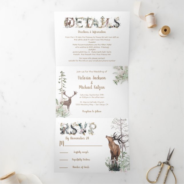 Woodland Watercolor Forest Wedding Tri-Fold Invitation (Inside)