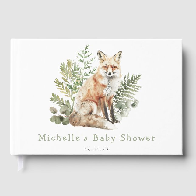 Woodland Watercolor Fox Baby Shower Guest Book (Front)