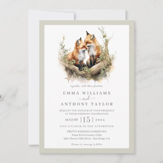 Woodland Watercolor Fox Couple Wedding Invitation (Front)