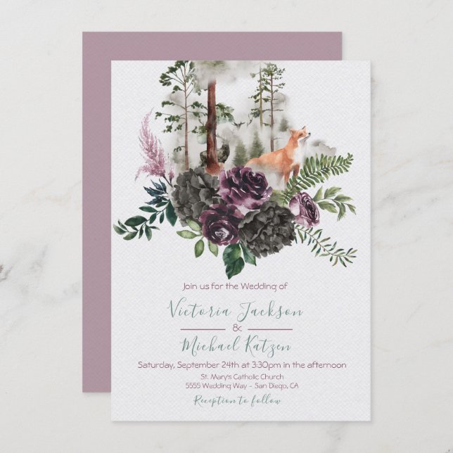 Woodland Watercolor Fox Forest Wedding invitations (Front/Back)