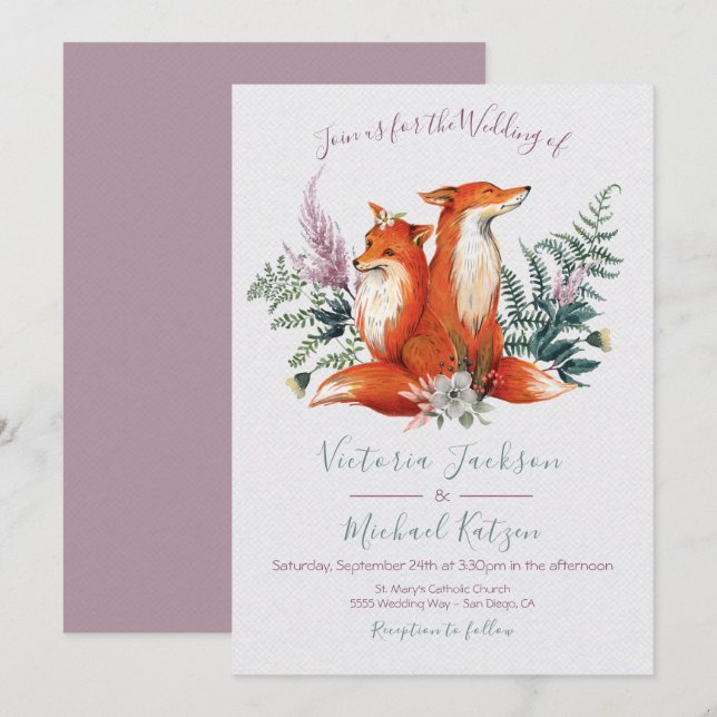 Woodland Watercolor Fox Wedding invitations (Front/Back)