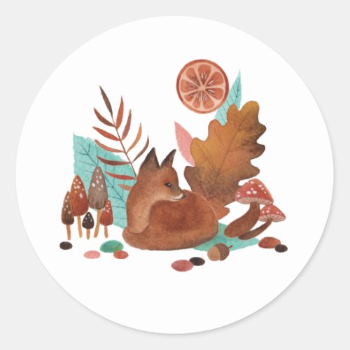 Woodland Watercolor Fox Whimsical Autumn Forest  Classic Round Sticker