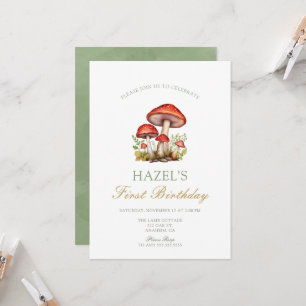 Woodland Watercolor Mushroom Autumn 1st birthday Invitation