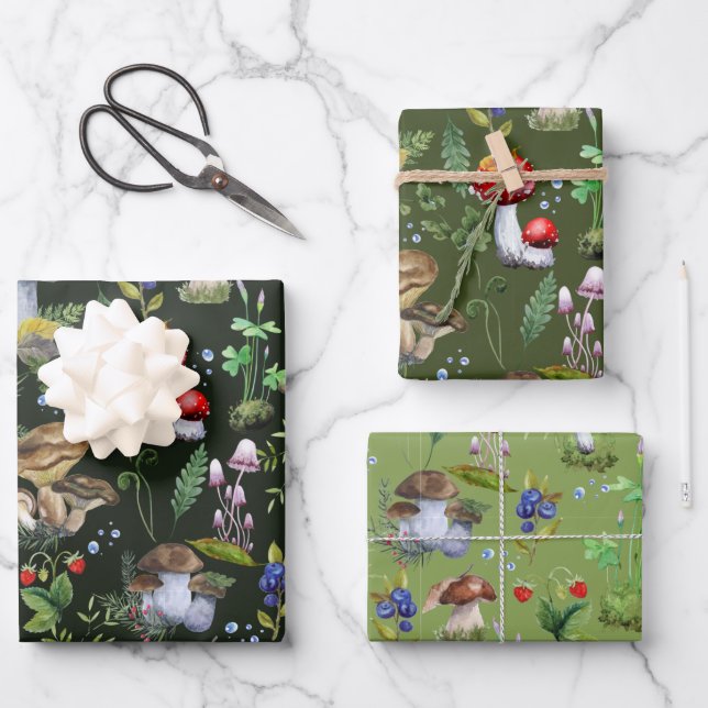 Woodland Watercolor Mushrooms Berry Green Plants Wrapping Paper Sheets (Front)