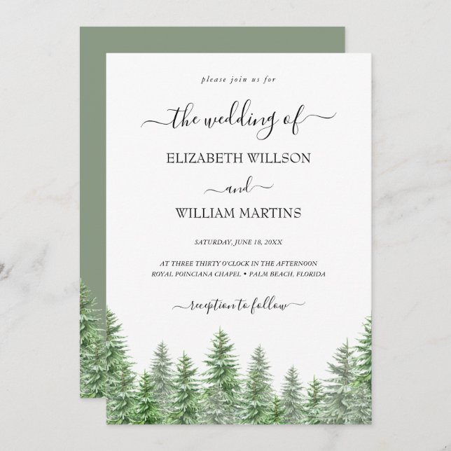 Woodland Watercolor Pine Forest Script Wedding Invitation (Front/Back)