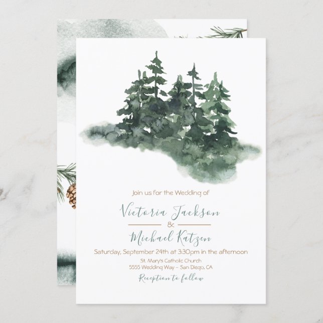 Woodland Watercolor Pine Forest Wedding Invitation (Front/Back)