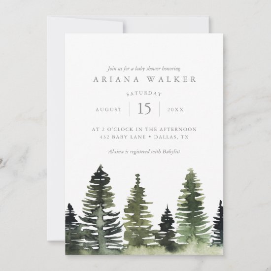 Woodland Watercolor Pine Trees Baby Shower Invitation